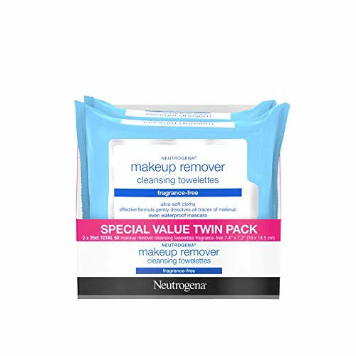 Neutrogena Cleansing Fragrance Free Makeup Remover Facial Wipes, Daily Cleansing Facial Towelettes For Waterproof Makeup, Alcohol-Free, Unscented, Value Twin Pack, 25 Count, 2 Pack 3 Neutrogena Cleansing Fragrance Free Makeup Remover Facial Wipes, Daily Cleansing Facial Towelettes For Waterproof Makeup, Alcohol-Free, Unscented, Value Twin Pack, 25 Count, 2 Pack