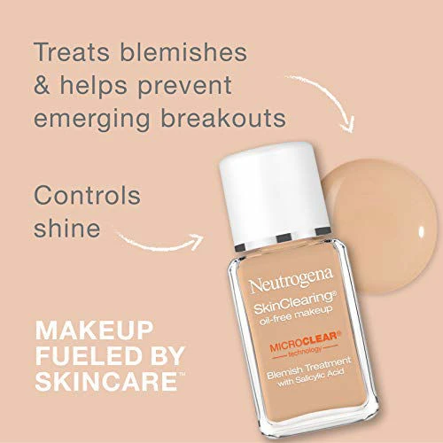 Neutrogena SkinClearing Oil-Free Acne And Blemish Fighting Liquid Foundation With Salicylic Acid Acne Medicine, Shine Controlling, For Acne Prone Skin, 90 Warm Beige, 1 Fl. Oz 4 Neutrogena SkinClearing Oil-Free Acne And Blemish Fighting Liquid Foundation With Salicylic Acid Acne Medicine, Shine Controlling, For Acne Prone Skin, 90 Warm Beige, 1 Fl. Oz - Image 2
