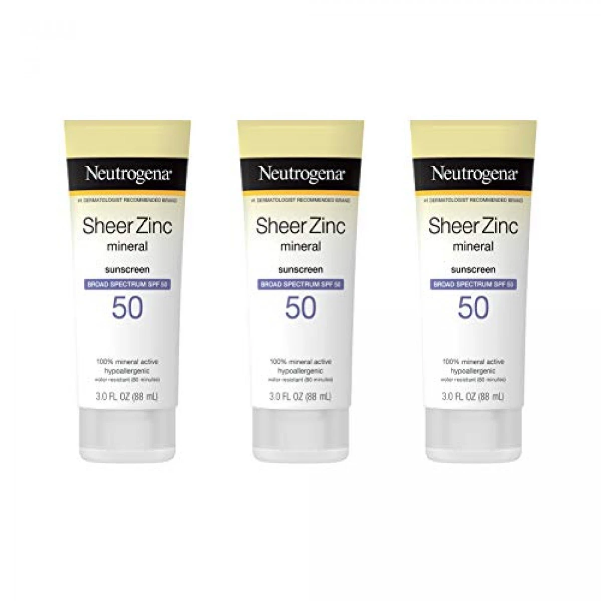 Neutrogena Sheer Zinc Oxide Dry-Touch Mineral Sunscreen Lotion, Broad Spectrum SPF 50 UVA/UVB Protection, Water-Resistant, Hypoallergenic And Non-Greasy, Paraben-Free, 3 Fl. Oz, Pack Of 3 3 Neutrogena Sheer Zinc Oxide Dry-Touch Mineral Sunscreen Lotion, Broad Spectrum SPF 50 UVA/UVB Protection, Water-Resistant, Hypoallergenic And Non-Greasy, Paraben-Free, 3 Fl. Oz, Pack Of 3