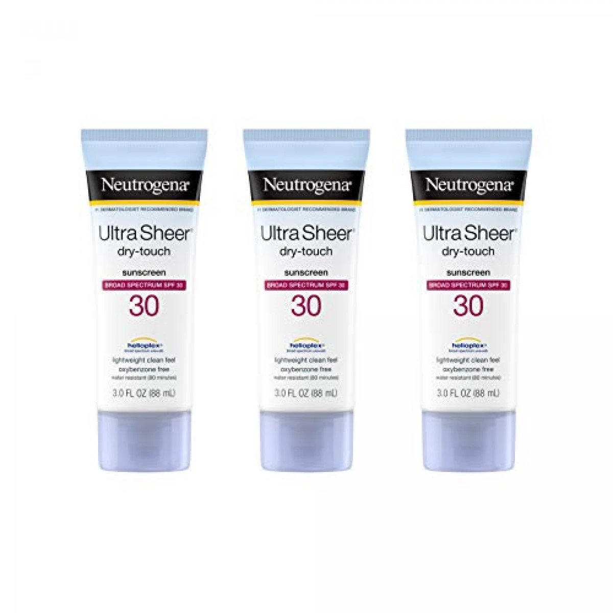 Neutrogena Ultra Sheer Dry-Touch Sunscreen Lotion, Broad Spectrum SPF 30 UVA/UVB Protection, Oxybenzone-Free, Water Resistant, Non-Comedogenic, Non-Greasy, Travel Size, 3 Fl Oz, Pack Of 3 3 Neutrogena Ultra Sheer Dry-Touch Sunscreen Lotion, Broad Spectrum SPF 30 UVA/UVB Protection, Oxybenzone-Free, Water Resistant, Non-Comedogenic, Non-Greasy, Travel Size, 3 Fl Oz, Pack Of 3